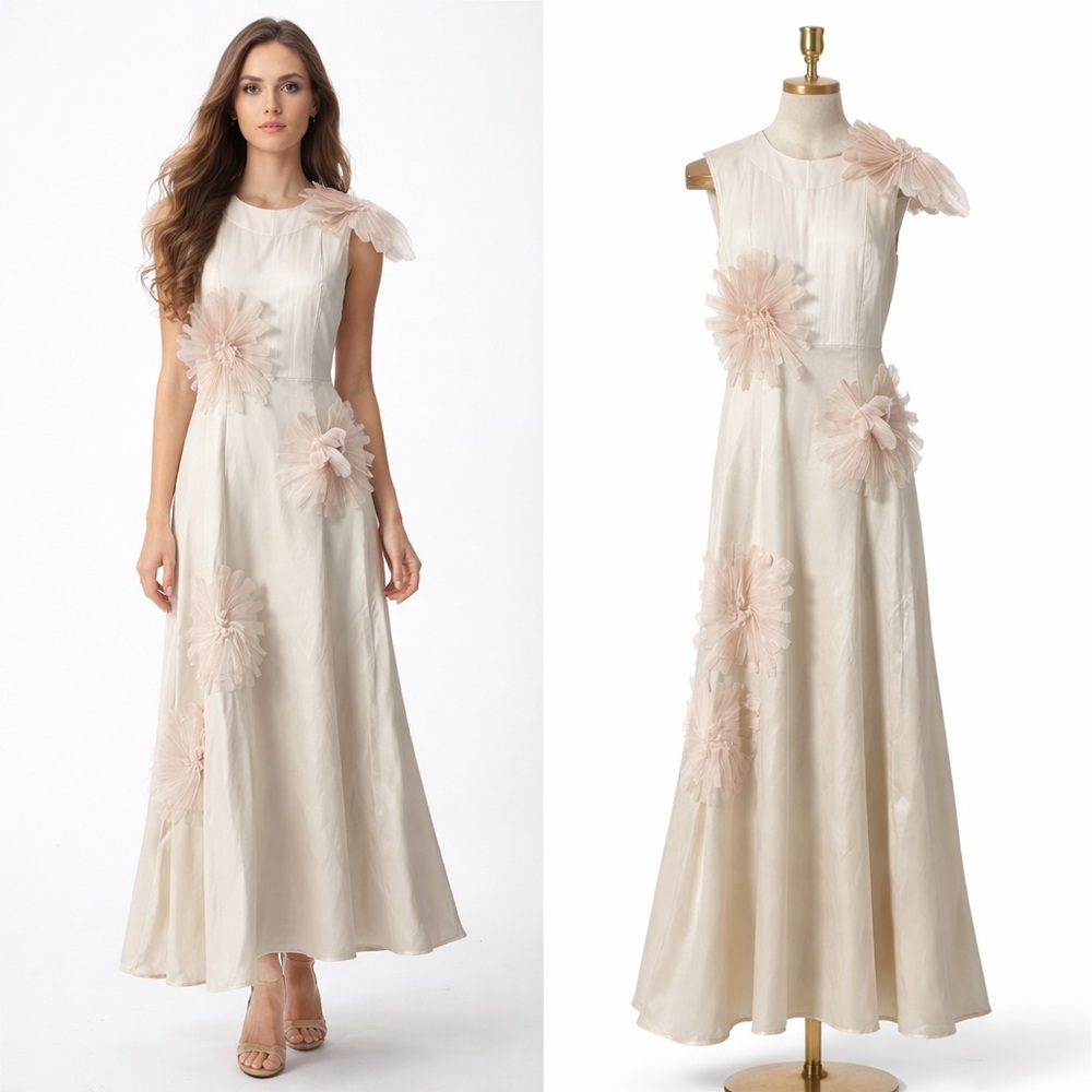 Raquel Couture Silk Evening Gown w/ 3D Floral Appliqué – Size 6
